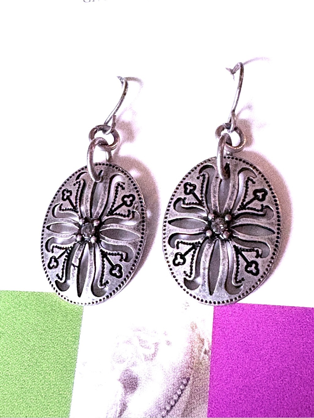 Silver Floral Oval Drop Earrings for Women, boutique jewelry